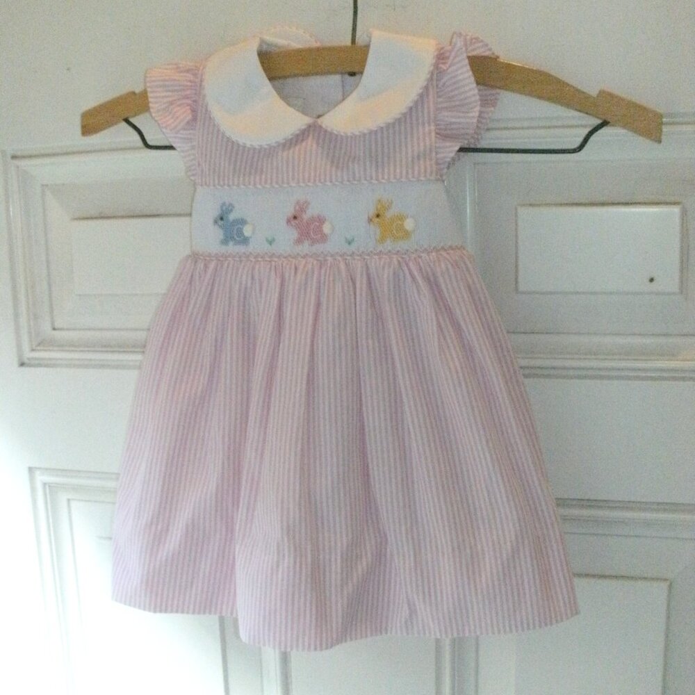 NWT Edgehill Collection Pink & White Stripes Smocked Embroidered Bunny Dress 3m